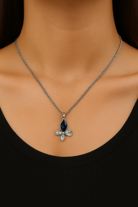 Elegant Blue Stone & Crystal Flower Pendant Necklace