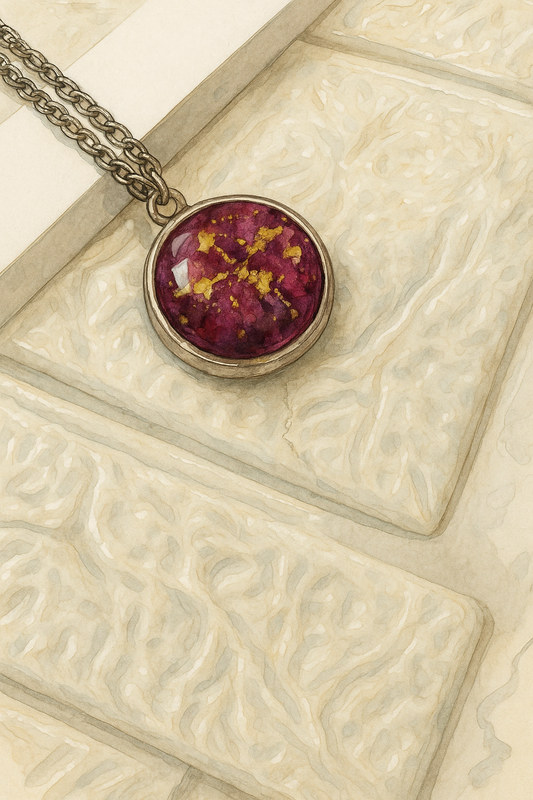 Elegant Round Pendant with Red & Gold Flakes