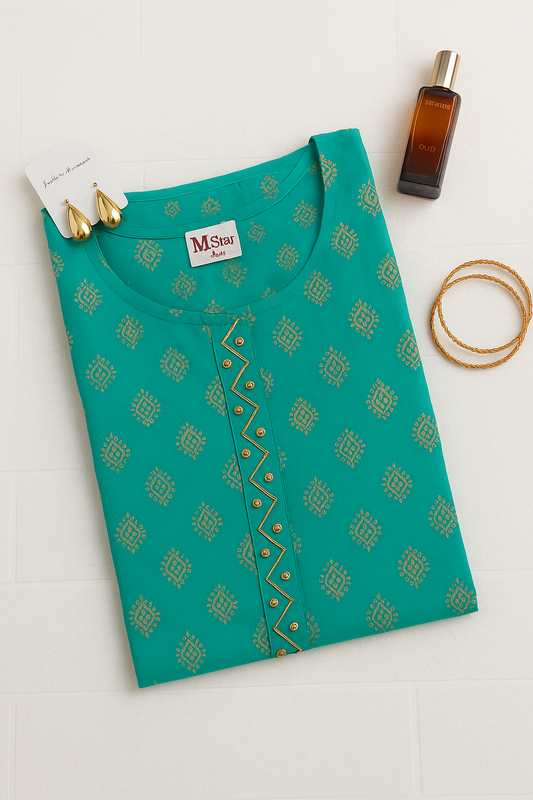 Green Cotton Printed Kurti for Women | Elegant Daily Wear Ethnic Style