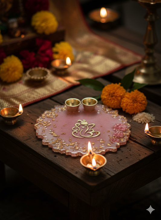 Handmade Resin Puja Thali with Ganesha Design & Pearl Detailing