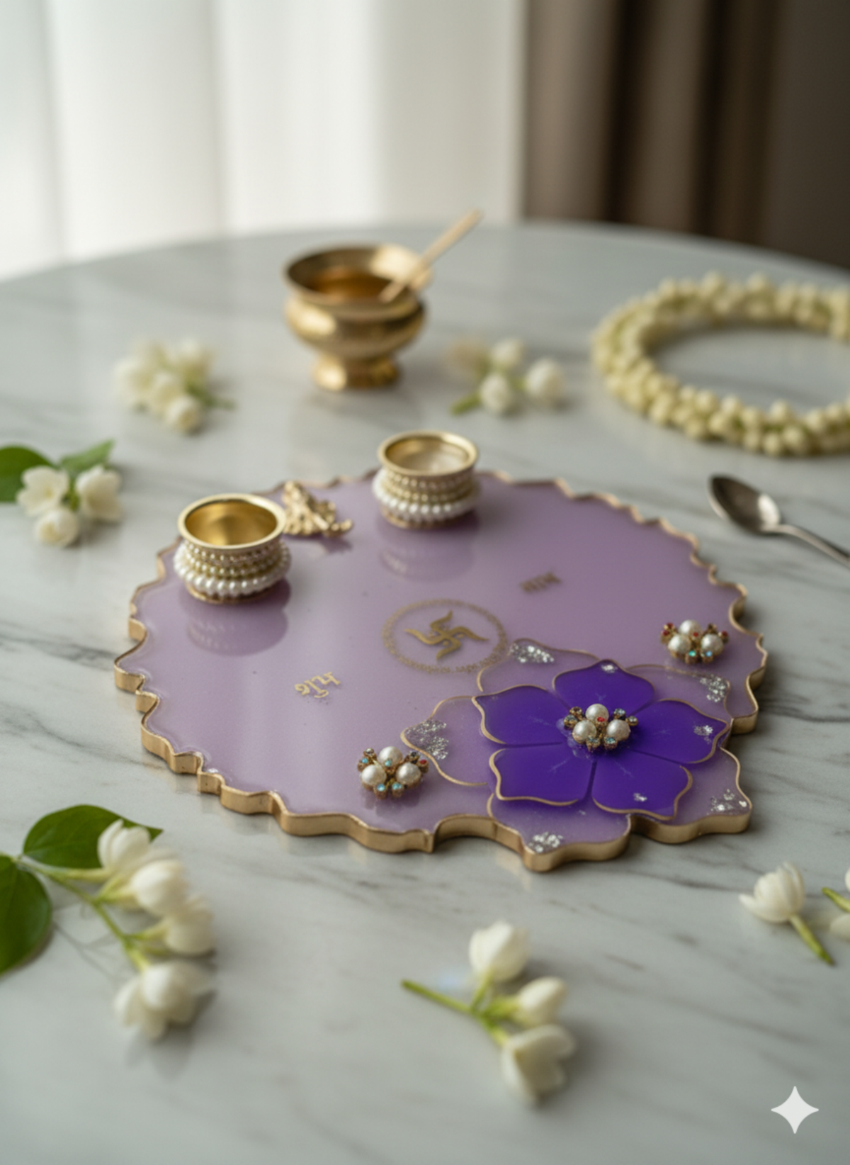 Handcrafted Resin Diwali Pooja Thali Platter | 8x8 Inch Purple Floral Design Plate with Decorative Diyas, Swastik & Ganesh Ji | Festival Pooja Item, Wedding Gift & Home Temple Decoration