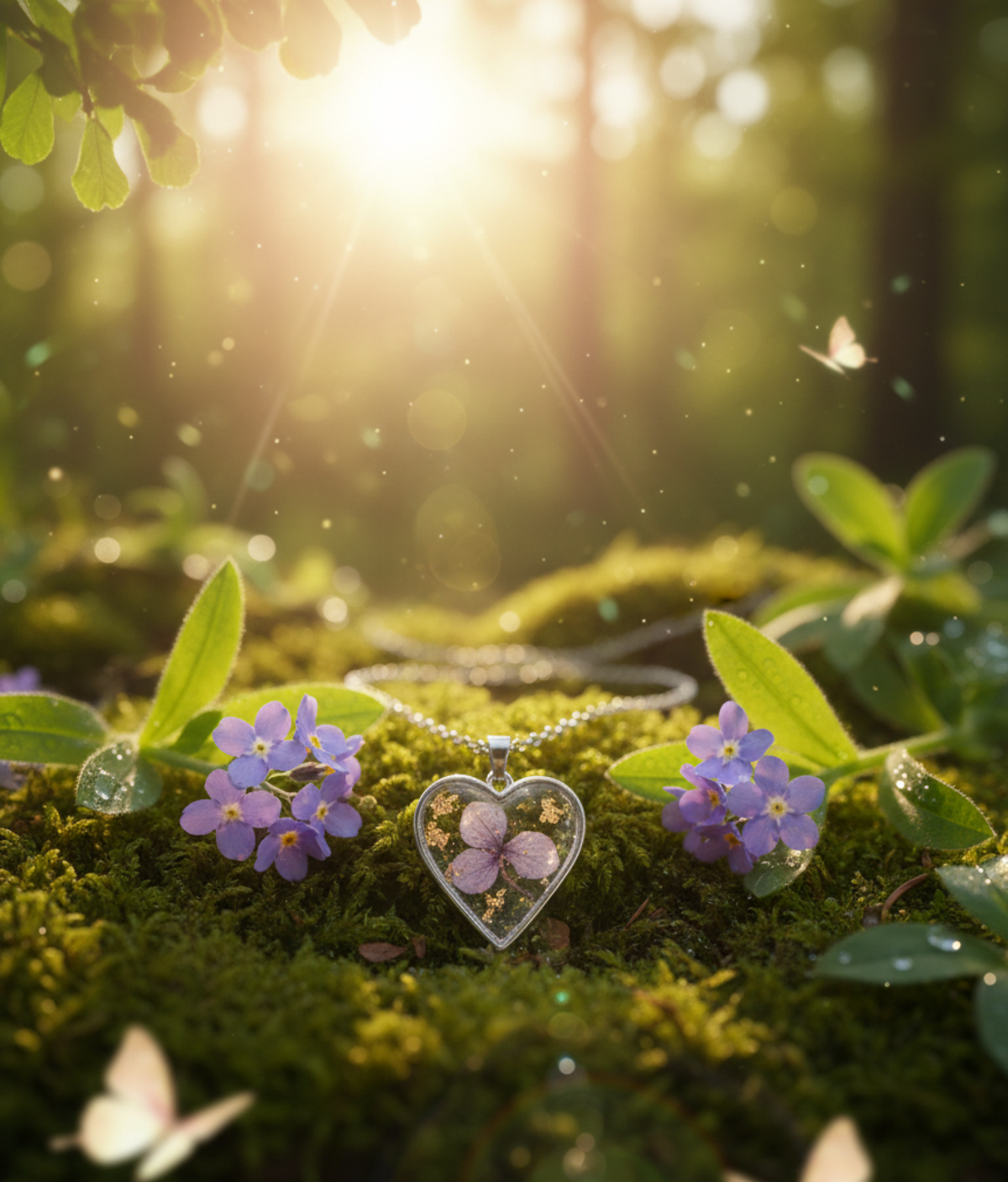 Heart-Shaped Real Dried Flower Pendant Necklace for Women – Silver Chain Resin Jewelry with Purple Petals & Gold Flakes, Handmade Gift for Her