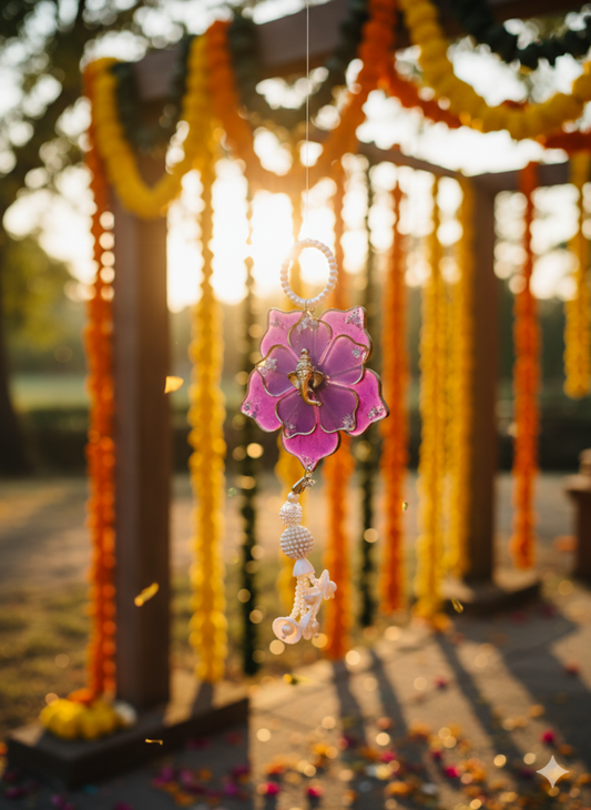 Handcrafted Floral Wall Hanging with Lord Ganesha | Purple Resin Flower Toran with Pearls | Decorative Home & Festival Hanging for Pooja, Diwali & Gifting