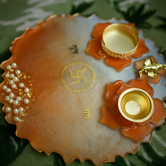 Handmade Orange Resin Pooja Thali with Pearl & Lotus Design