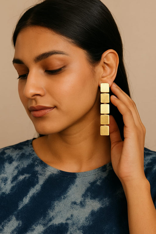 Gold Brushed Linked Square Drop Earrings
