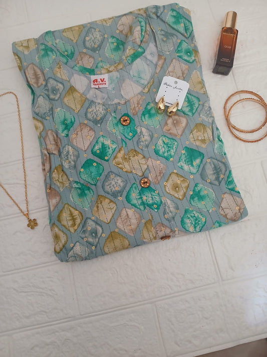 Aqua Green Cotton Printed Kurti for Women | Comfortable Daily Wea