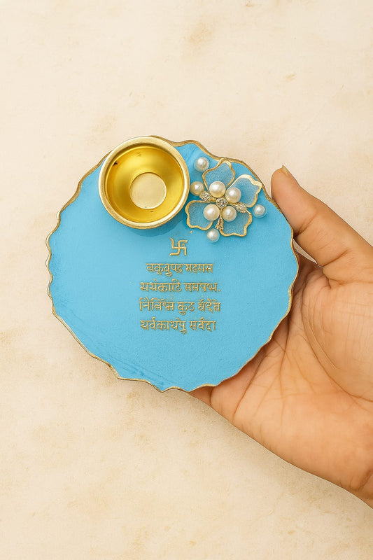 Handmade Sky Blue Resin Small Pooja Thali with Brass Diya | Elegant Festival Puja Plate