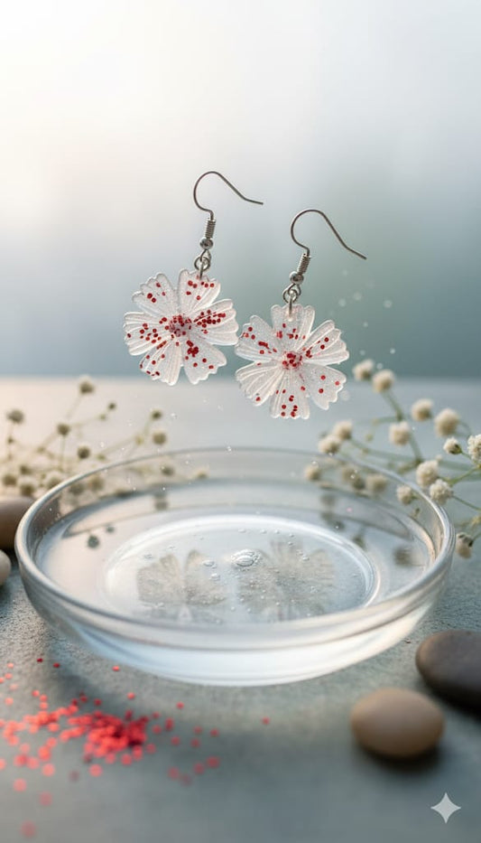 Handmade Resin Flower Earrings for Women – Lightweight Transparent Floral Drop Dangle Jewelry with Red Accents