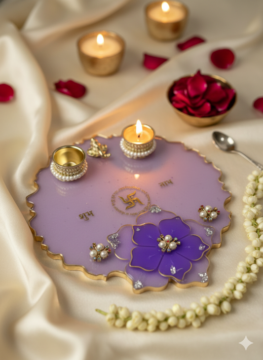 Handcrafted Resin Diwali Pooja Thali Platter | 8x8 Inch Purple Floral Design Plate with Decorative Diyas, Swastik & Ganesh Ji | Festival Pooja Item, Wedding Gift & Home Temple Decoration