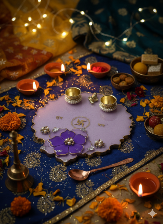 Handcrafted Resin Diwali Pooja Thali Platter | 8x8 Inch Purple Floral Design Plate with Decorative Diyas, Swastik & Ganesh Ji | Festival Pooja Item, Wedding Gift & Home Temple Decoration