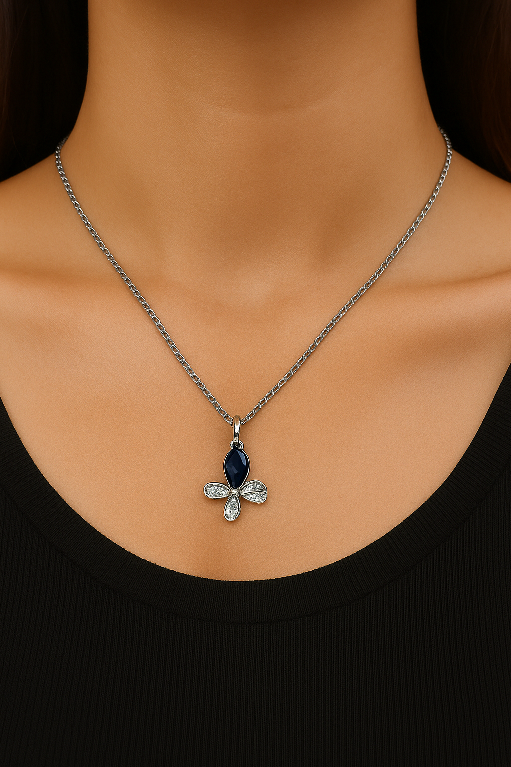 Elegant Blue Stone & Crystal Flower Pendant Necklace
