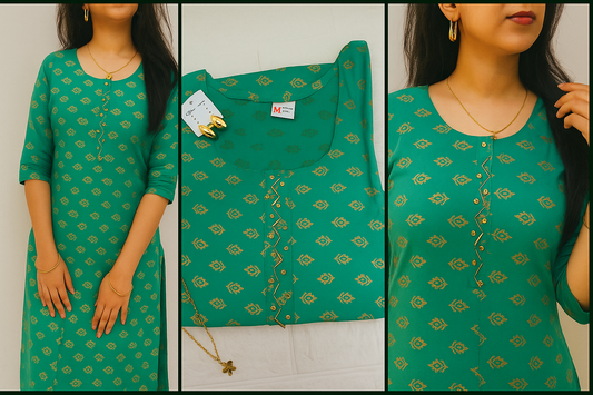 Green Cotton Printed Kurti for Women | Elegant Daily Wear Ethnic Style