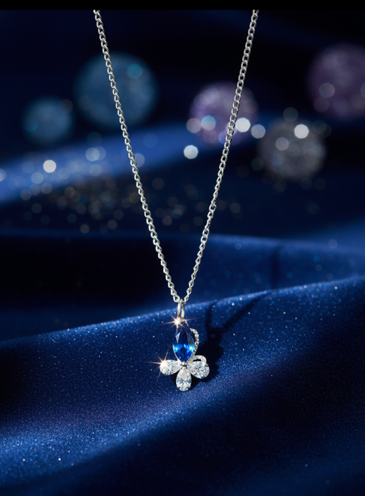 Elegant Blue Stone & Crystal Flower Pendant Necklace