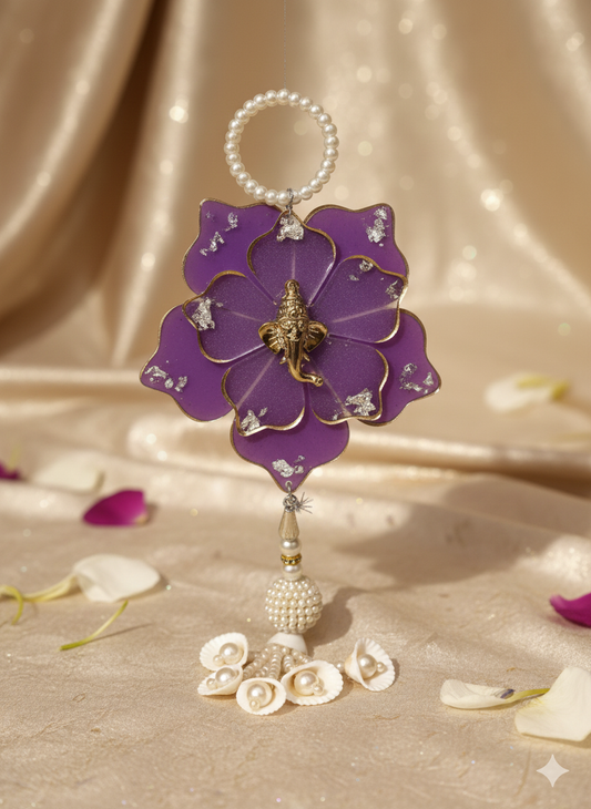 Handcrafted Floral Wall Hanging with Lord Ganesha | Purple Resin Flower Toran with Pearls | Decorative Home & Festival Hanging for Pooja, Diwali & Gifting