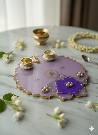 Handcrafted Resin Diwali Pooja Thali Platter | 8x8 Inch Purple Floral Design Plate with Decorative Diyas, Swastik & Ganesh Ji | Festival Pooja Item, Wedding Gift & Home Temple Decoration