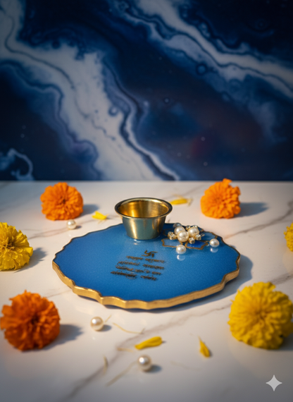Handmade Sky Blue Resin Small Pooja Thali with Brass Diya | Elegant Festival Puja Plate