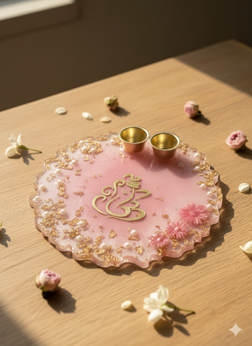Handmade Resin Puja Thali with Ganesha Design & Pearl Detailing