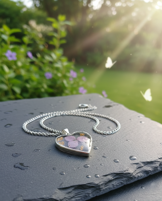 Heart-Shaped Real Dried Flower Pendant Necklace for Women – Silver Chain Resin Jewelry with Purple Petals & Gold Flakes, Handmade Gift for Her