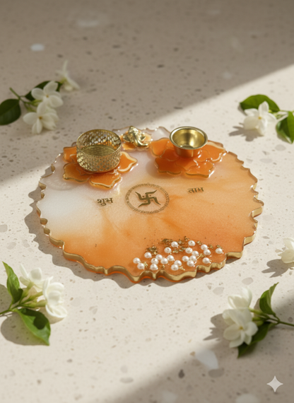 Handmade Orange Resin Pooja Thali with Pearl & Lotus Design