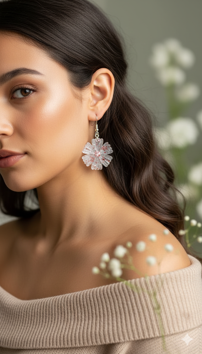 Handmade Resin Flower Earrings for Women – Lightweight Transparent Floral Drop Dangle Jewelry with Red Accents