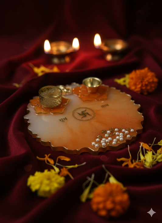 Handmade Orange Resin Pooja Thali with Pearl & Lotus Design