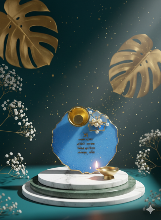 Handmade Sky Blue Resin Small Pooja Thali with Brass Diya | Elegant Festival Puja Plate