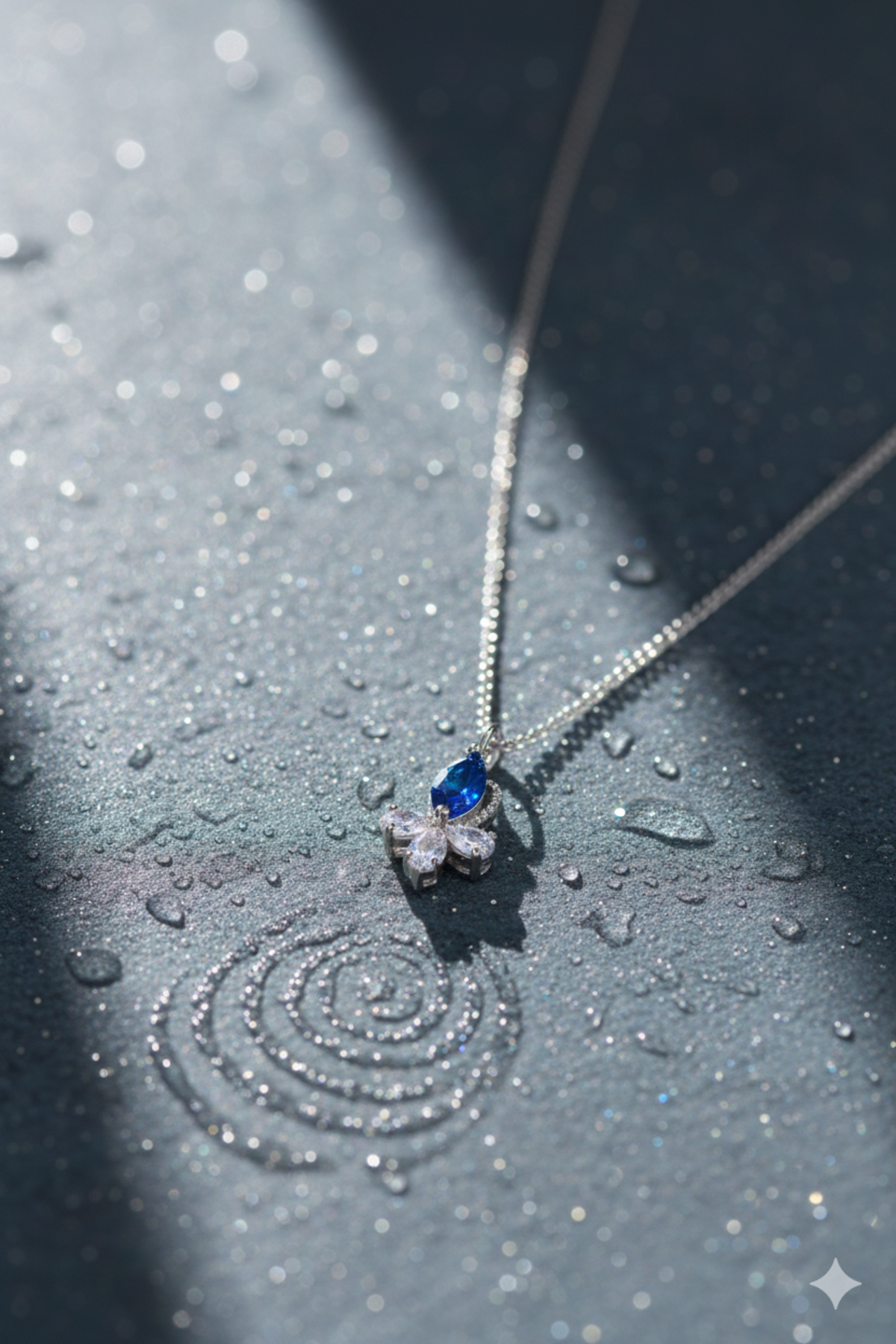 Elegant Blue Stone & Crystal Flower Pendant Necklace