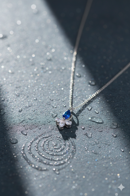 Elegant Blue Stone & Crystal Flower Pendant Necklace