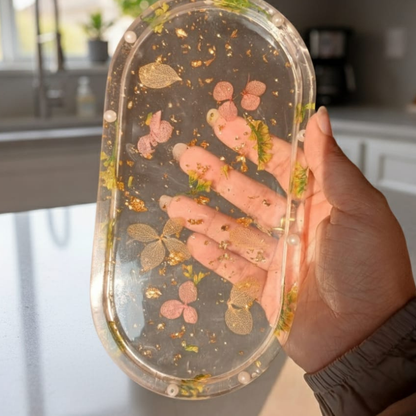 Handmade Resin Decorative Tray – Floral & Gold Flakes | Multipurpose Trinket Tray for Jewelry, Candles & Home Décor (8×3.5×1.5 inch)