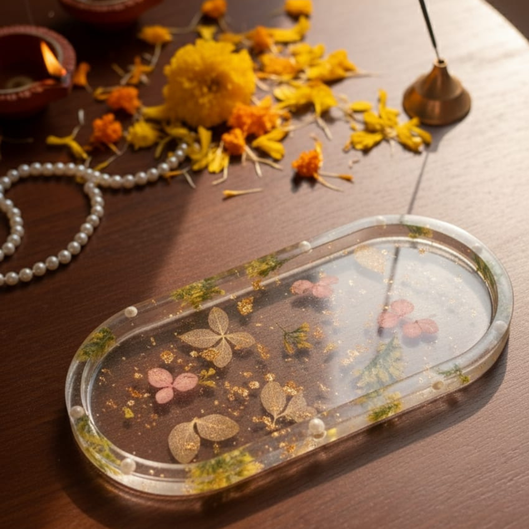 Handmade Resin Decorative Tray – Floral & Gold Flakes | Multipurpose Trinket Tray for Jewelry, Candles & Home Décor (8×3.5×1.5 inch)