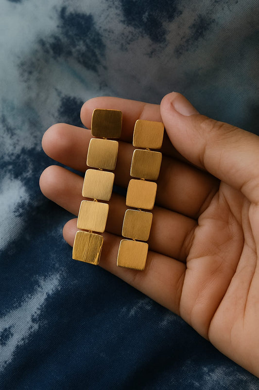 Gold Brushed Linked Square Drop Earrings