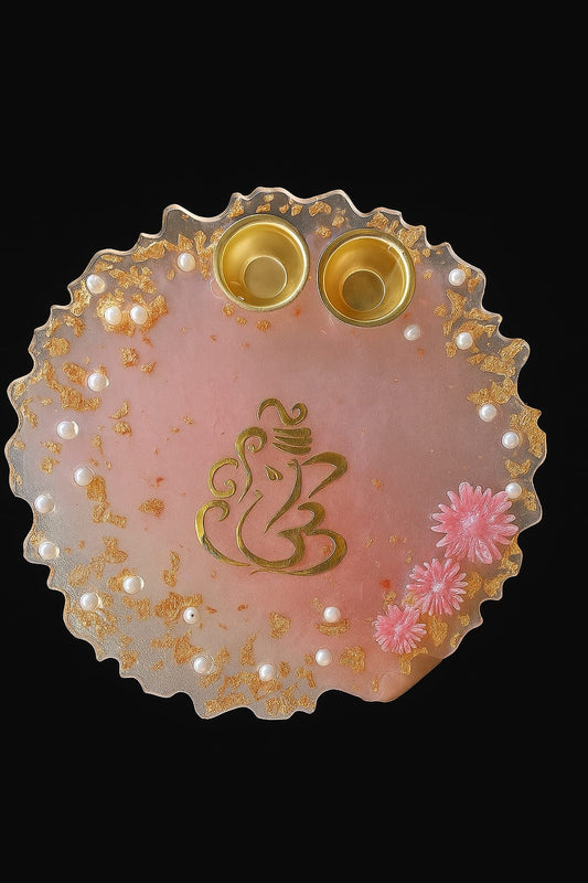 Handmade Resin Puja Thali with Ganesha Design & Pearl Detailing