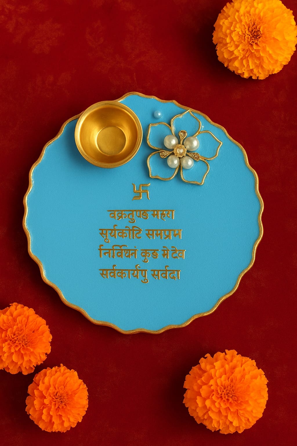 Handmade Sky Blue Resin Small Pooja Thali with Brass Diya | Elegant Festival Puja Plate