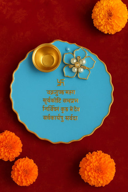 Handmade Sky Blue Resin Small Pooja Thali with Brass Diya | Elegant Festival Puja Plate