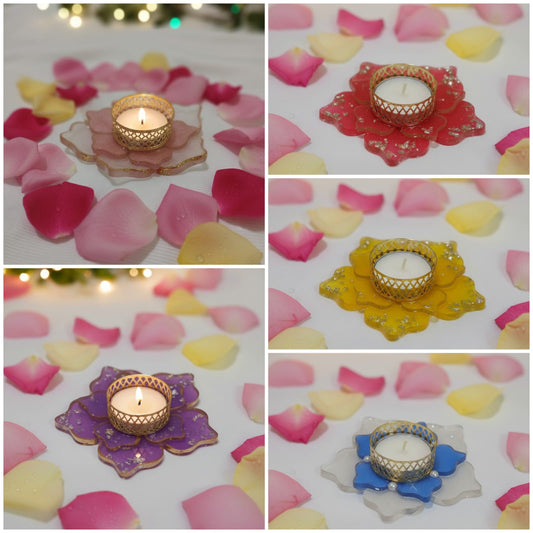 Diwali Decorative Tealight Candle Holder Set of 5 – Multicolor Lotus Resin Diyas with Tealight Candles for Home Decor & Festive Decoration