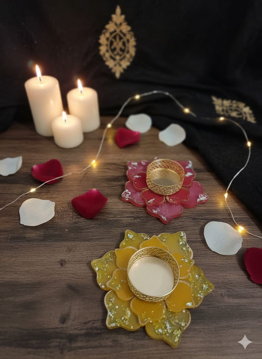 Diwali Decorative Tealight Candle Holder Set of 5 – Multicolor Lotus Resin Diyas with Tealight Candles for Home Decor & Festive Decoration